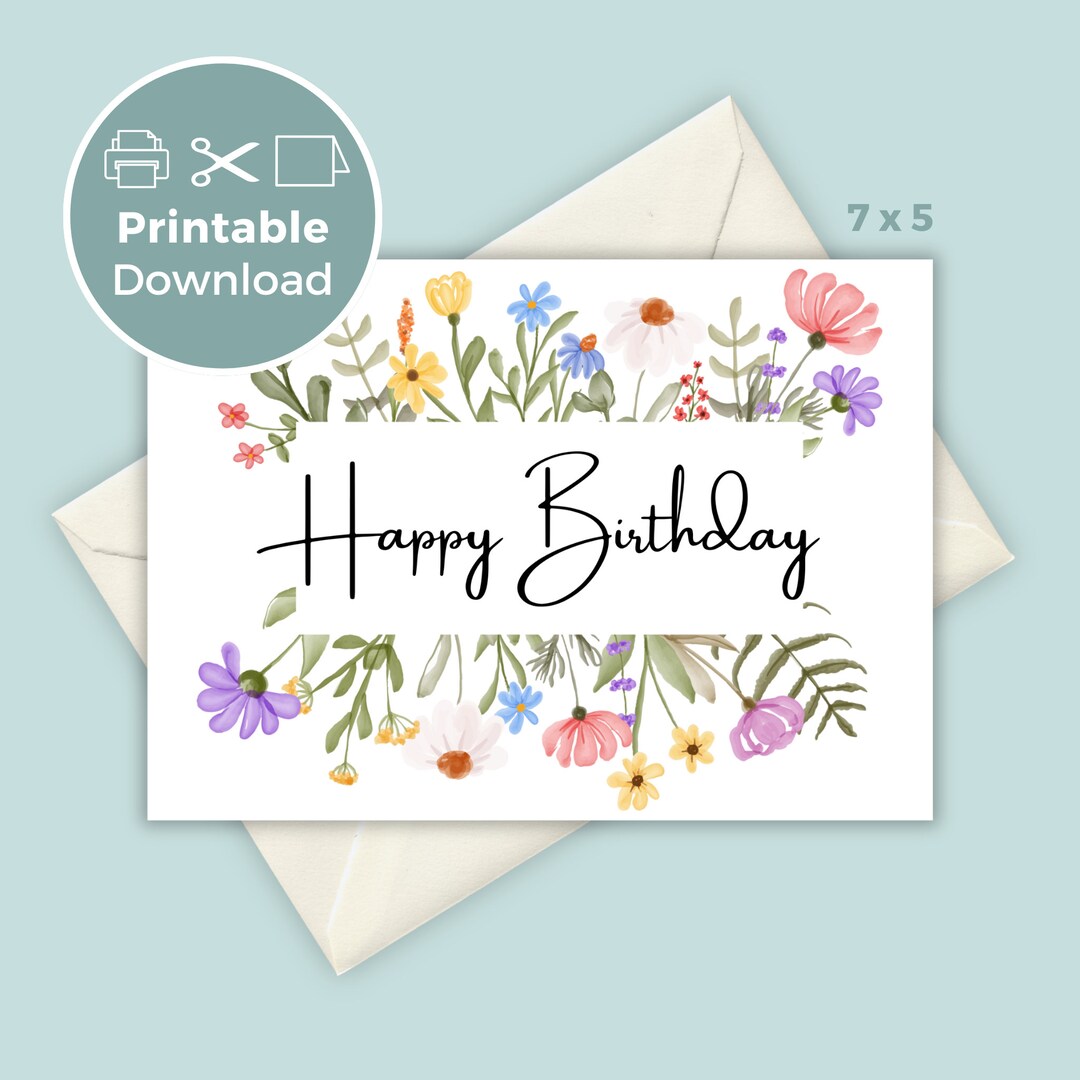 Printable Birthday Card With Flowers, Floral Birthday Card, Printable ...