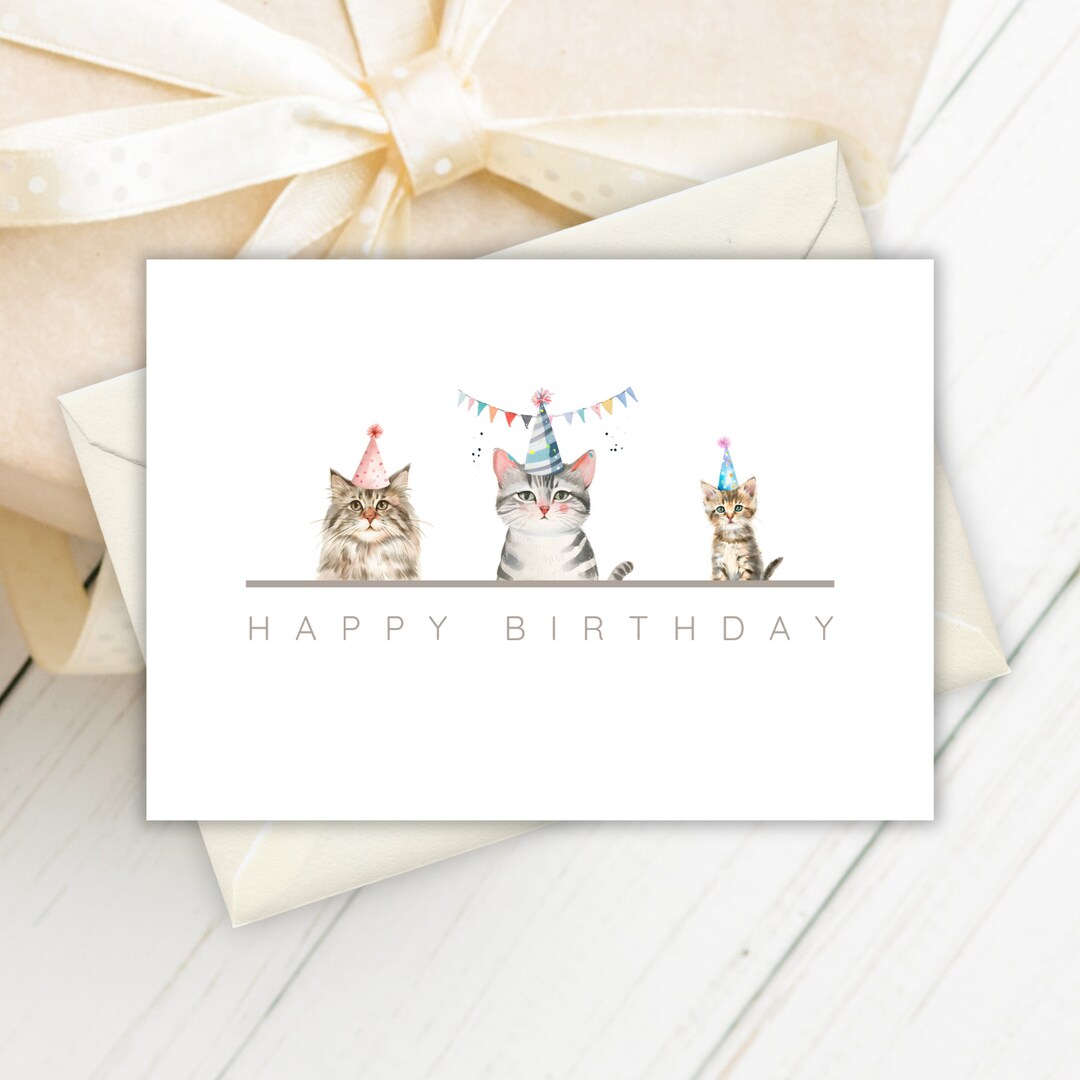 Cute Cat Birthday Card, Kitty Greeting Card Digital Download, Printable ...