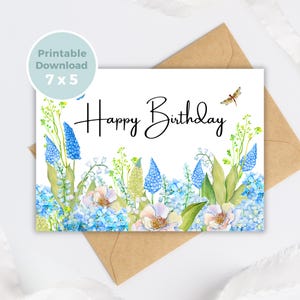 Cartão de aniversário para impressão com flores da primavera, cartão floral de feliz aniversário BC0010