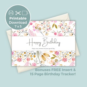 Cartão de aniversário para impressão com flores, cartão de aniversário floral, cartão de felicitações para impressão, impressão em casa
