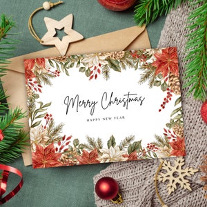 Merry Christmas Card Gold Festive Flower Design, Seasons Greetings Card, Christmas Card Print at Home