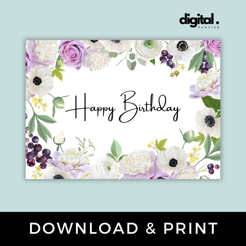 Printable Birthday Card With Flowers Floral Birthday Card - Etsy