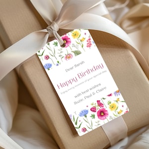 Personalised Birthday Gift Tag with Flowers, Floral Gift Favour Tag, Print at Home Instant Download BC0005