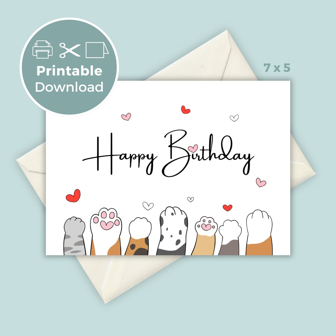 Cat Printable Birthday Card, Cute Kitty Greeting Card, Cat Birthday ...