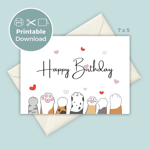 Cat Printable Birthday Card, Cute Kitty Greeting Card, Cat Birthday Card Digital Download