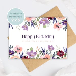 Cartão de aniversário para impressão com flor roxa, cartão de aniversário floral, cartão de felicitações para impressão, imprima em casa BC0027
