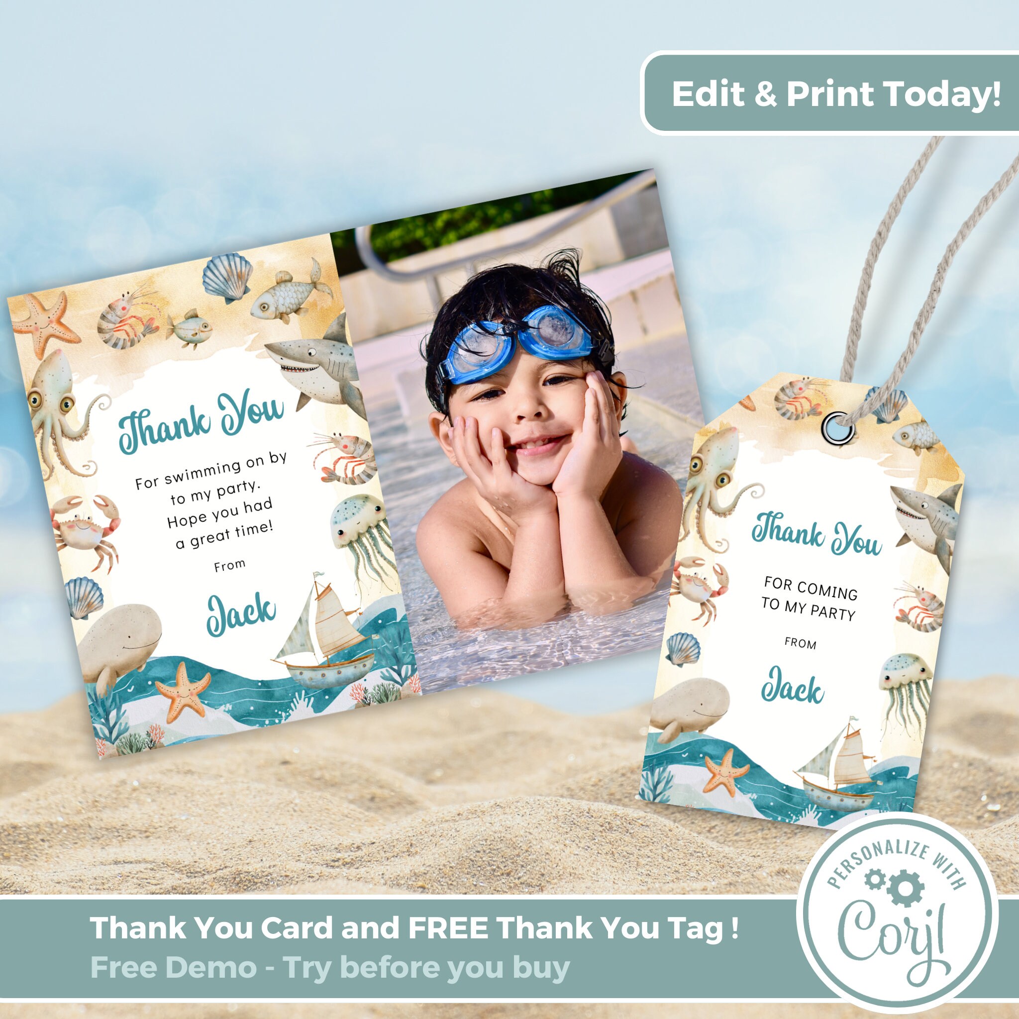 Editable Under the Sea Thank You Card, Swimming Party Thank You Tag ...