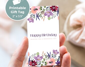 Printable Birthday Purple Pink Flower Gift Tag, Print at Home, Instant Download BC0027