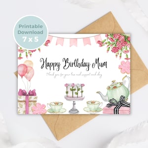 Geburtstagskarte für Mama zum Ausdrucken, Elegantes Geburtstagskarte Teeparty Design, Gratis Einleger und DIY Umschlag, BC0051