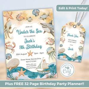 Editable Under the Sea Birthday Invitation, Ocean Party Invitation, Beach Birthday Party Thank You Tag, Swimming Party Set, IN0012