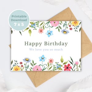 Cartão de aniversário para impressão com flores, cartão de aniversário floral, cartão de felicitações para impressão, impressão em casa BC0022