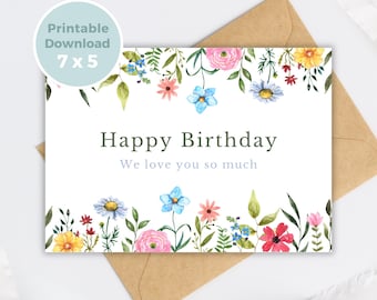 Printable Birthday Card with Flowers, Floral Birthday Card, Printable Greeting Card, Print at Home BC0022