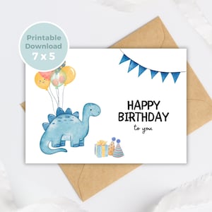 Cartão de aniversário de dinossauro para impressão, cartão de felicitações de aniversário, cartão de dinossauro infantil para impressão em casa BC0008