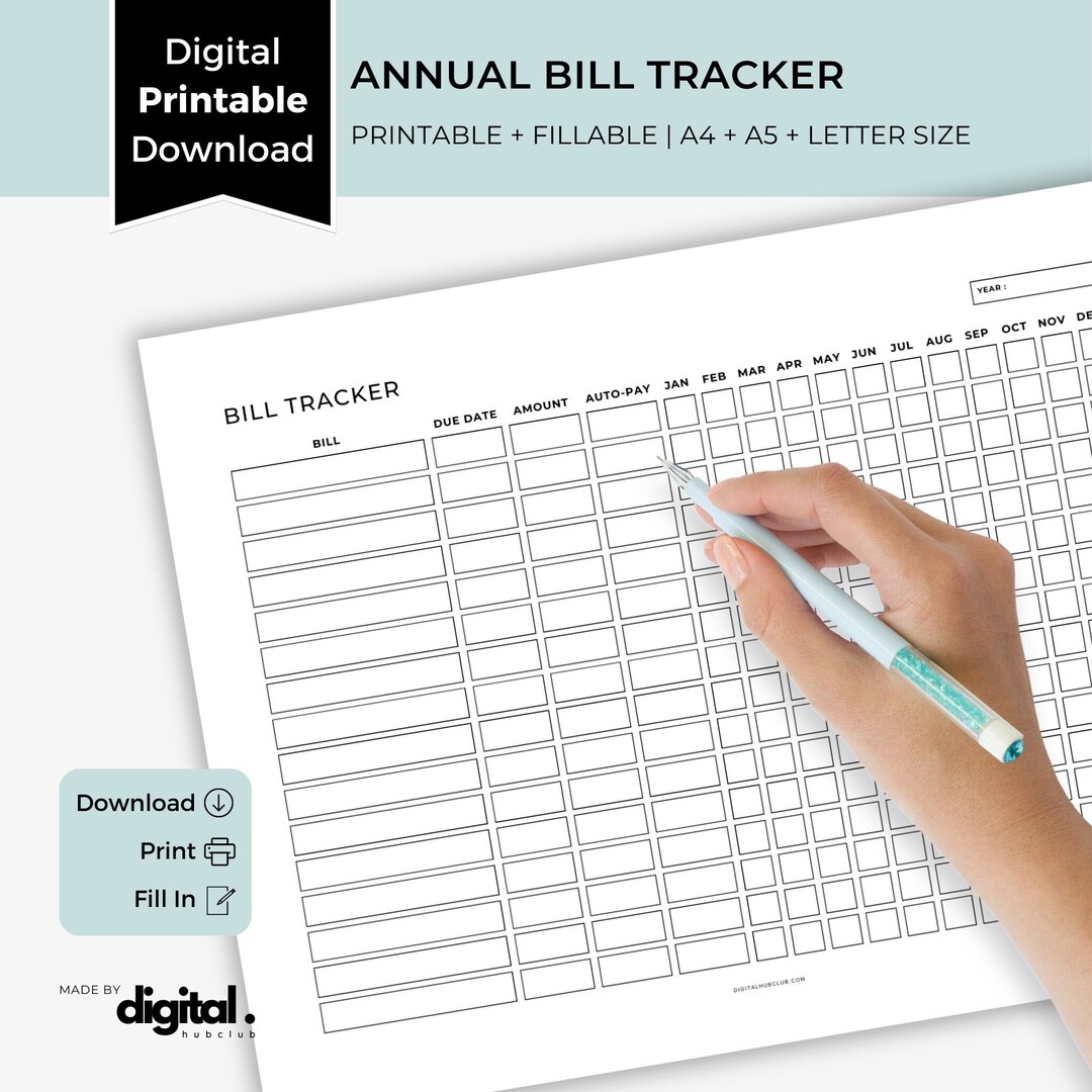 Annual Bill Tracker Printable Planner, Yearly Bill Payment Tracker ...