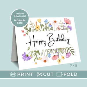 Printable Birthday Card With Flowers, Floral Birthday Card, Printable Greeting Card, Print at ...