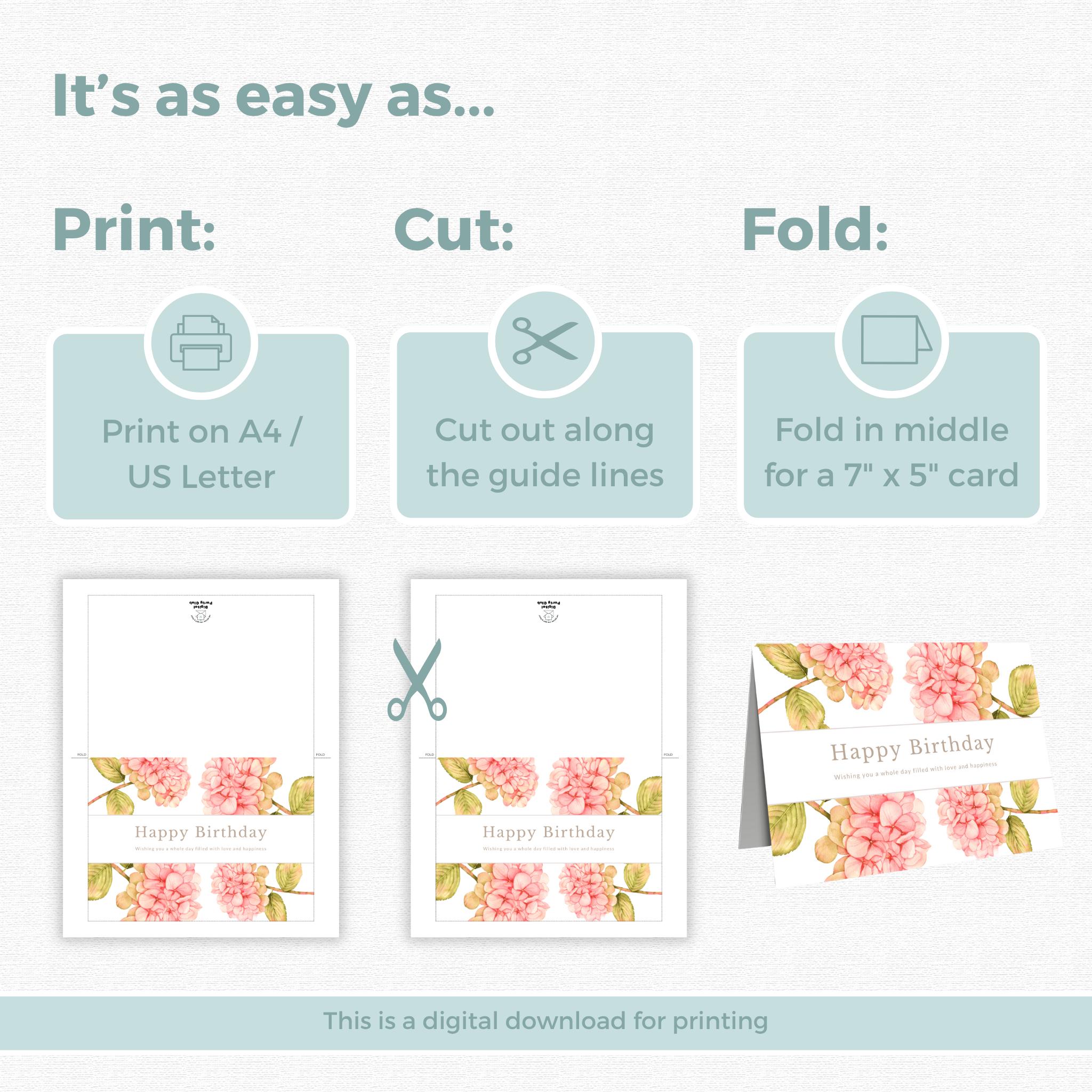 Printable Birthday Card Pink Flowers Instant Download, Greeting Card ...