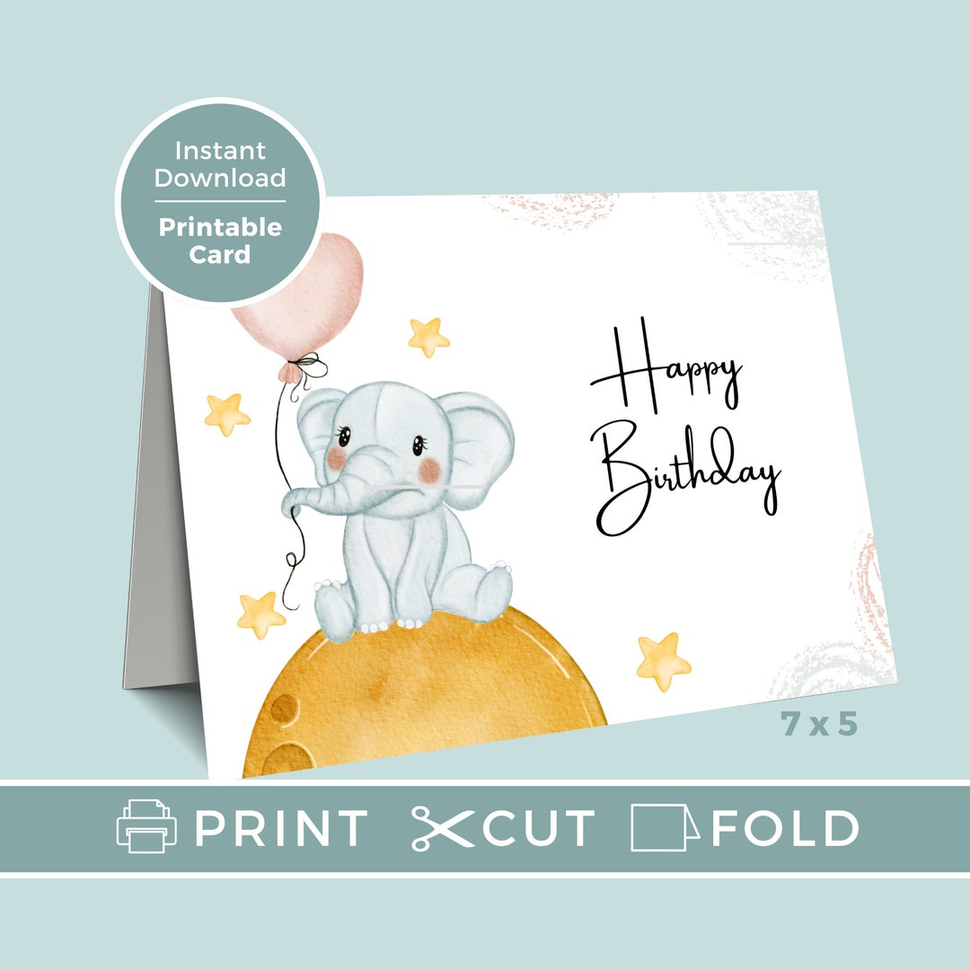 Printable Birthday Card, Happy Birthday Card Baby Elephant, Greetings ...