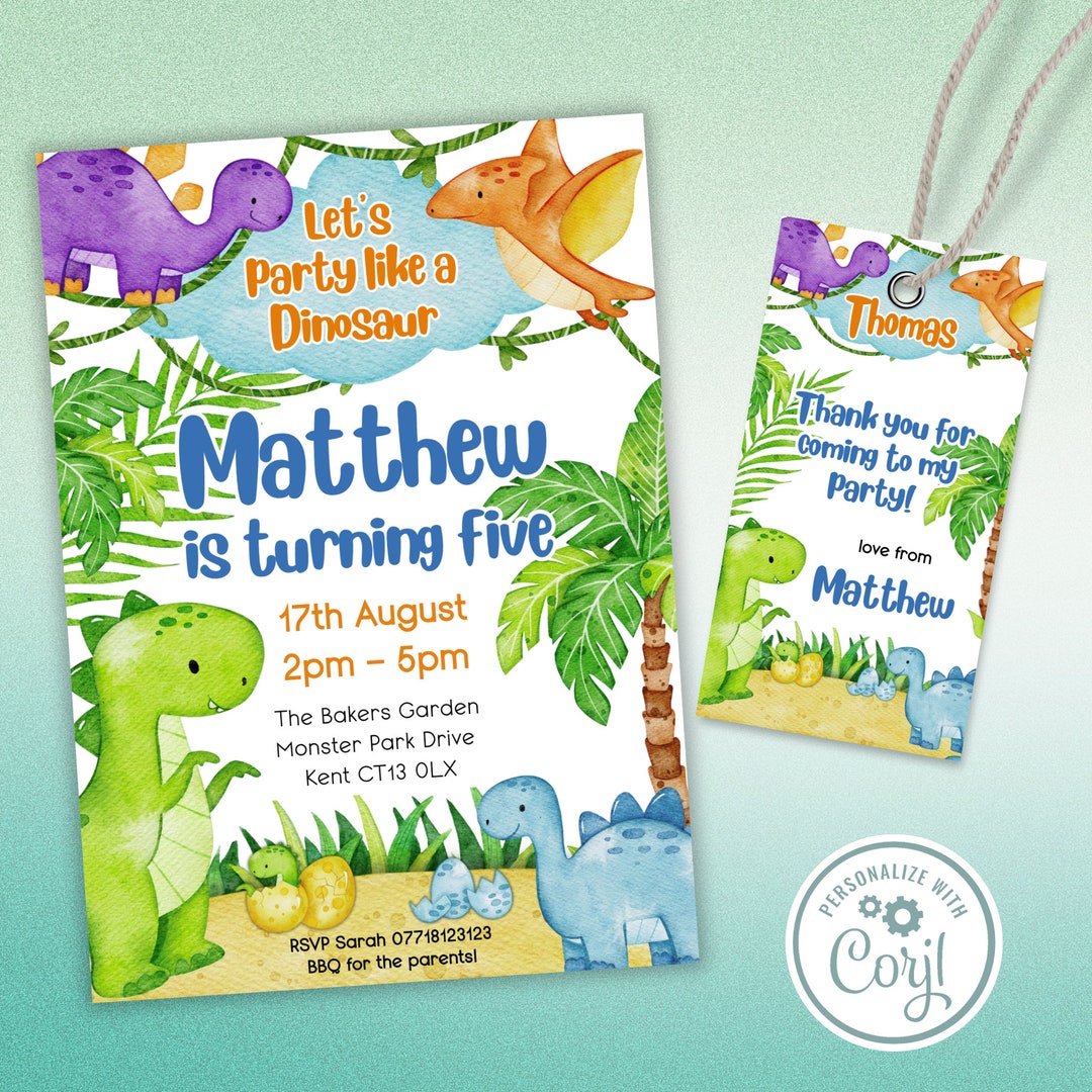 Boys Dino Birthday Party Invitation Template, Editable Dinosaur ...