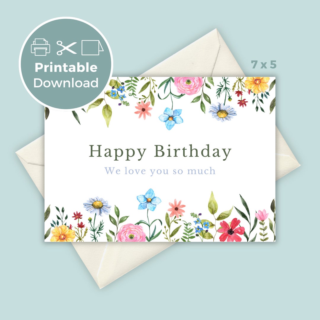 Printable Birthday Card With Flowers, Floral Birthday Card, Printable ...