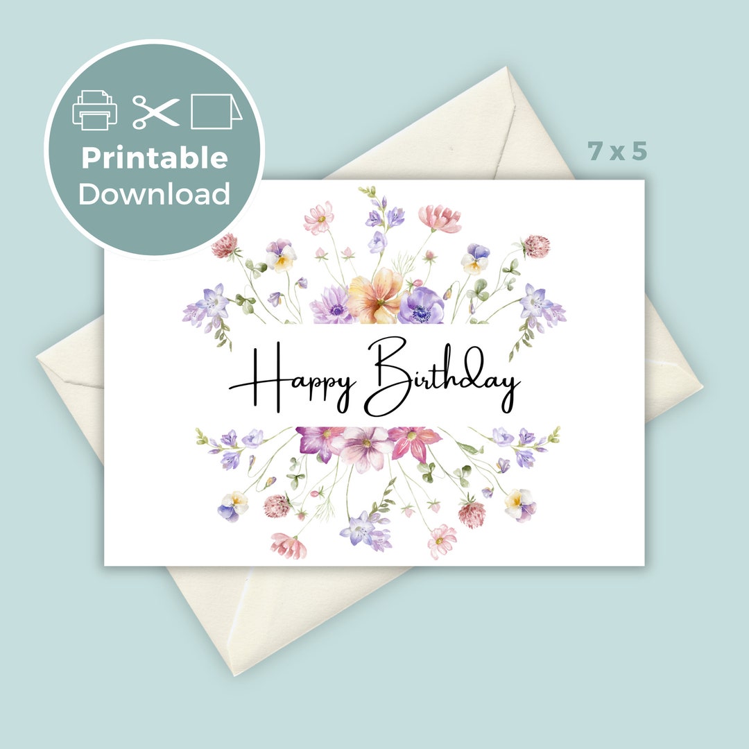 Printable Birthday Card With Flowers, Floral Birthday Card, Printable ...