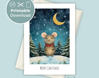 Carte de Noël imprimable 5 x 7 | de voeux mignonne de vacances de souris | Téléchargement numérique festif