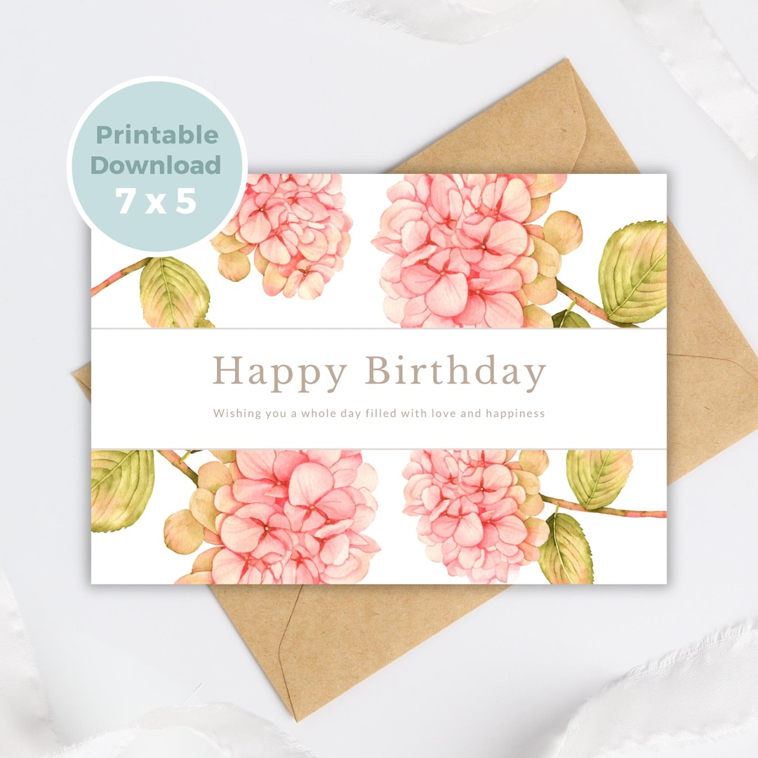Printable Birthday Card Pink Flowers Instant Download, Greeting Card ...