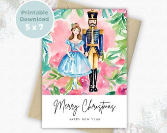 Printable Nutcracker Christmas Card, Clara and Nutcracker Ballet Holiday Greeting, 5x7 Digital Download
