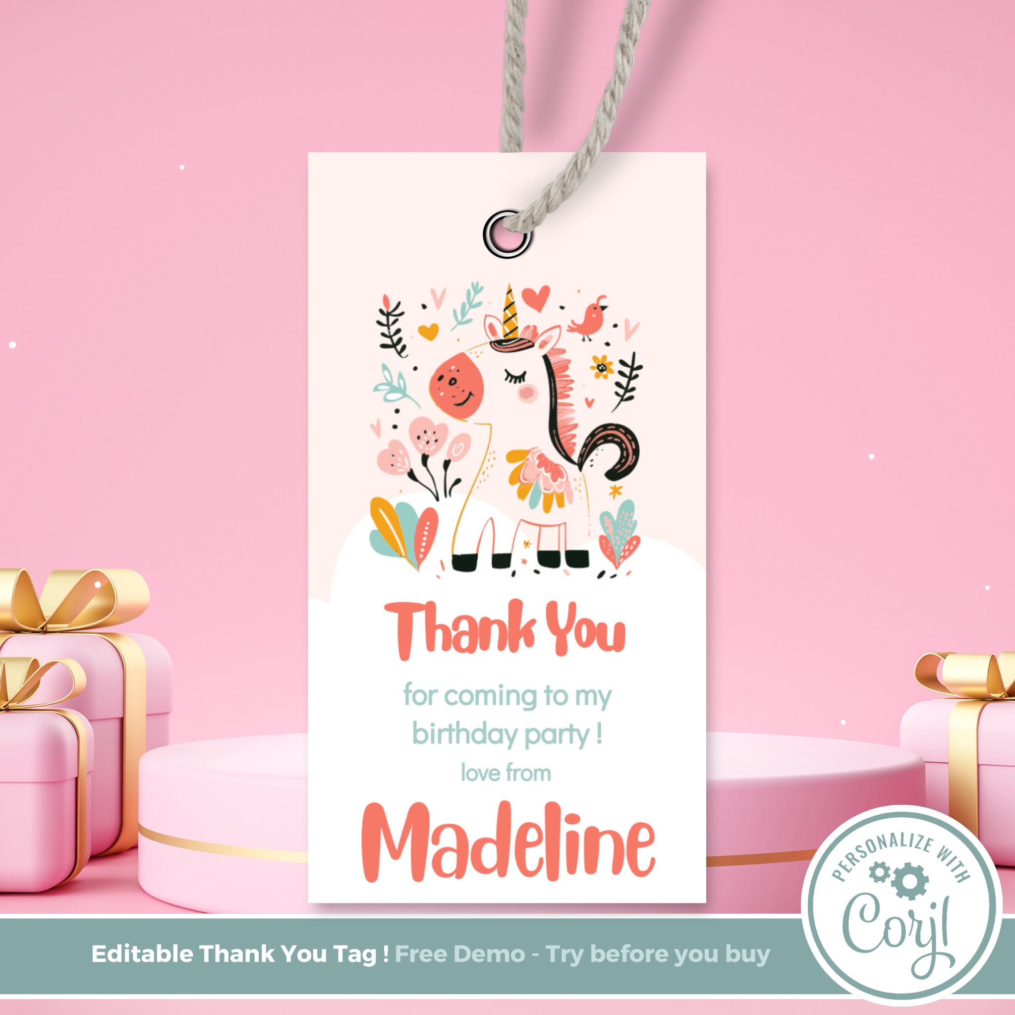 Editable Unicorn Thank You Tag, Unicorn Party Thank You Tag Editable ...