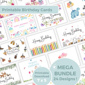 Printable Birthday Cards Bundle - 24 DIY Happy Birthday Cards for Kids, Adults & Pets, 7x5 Instant Digital Download Greeting Cards
