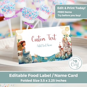 Etiqueta de buffet de comida de sirena editable, tarjeta de tienda, tarjetas de lugar de comida, plantilla imprimible de tarjeta de mesa, fiesta en la playa, descarga instantánea IN0013