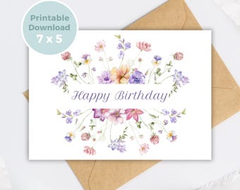 Printable Birthday Card with Flowers, Floral Birthday Card, Printable Greeting Card, Print at Home BC0023