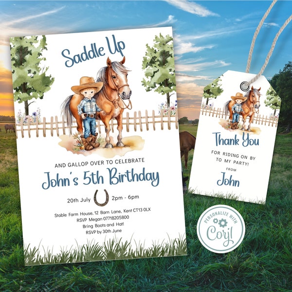 Editable Cowboy Birthday Invitation, Boy Saddle Up Invite, Horse Pony Party Invitation IN0010