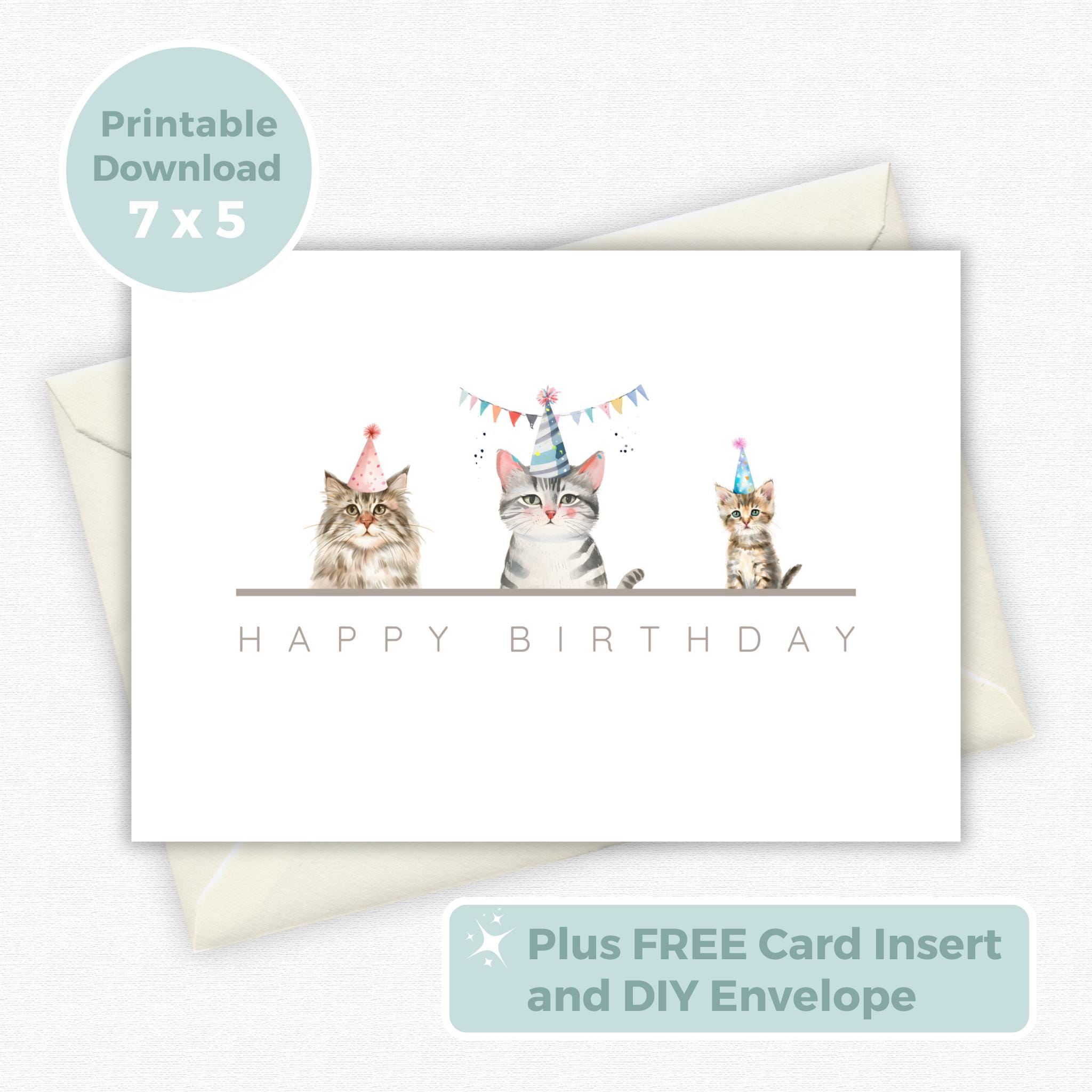 Cute Cat Birthday Card, Kitty Greeting Card Digital Download, Printable ...