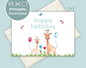 Printable Birthday Card with Giraffe, Animal Birthday Card, Kids Printable Greeting Card, Print at Home