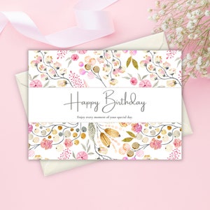 Cartão de aniversário para impressão com flores, cartão de aniversário floral, cartão de felicitações para impressão, impressão em casa BC0037
