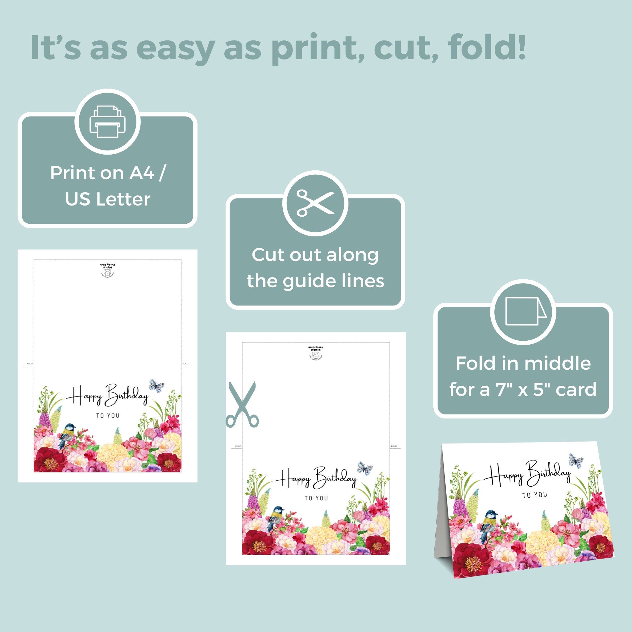 Printable Birthday Card With Flowers, Happy Birthday Card Printable, Floral, Digital Download ...