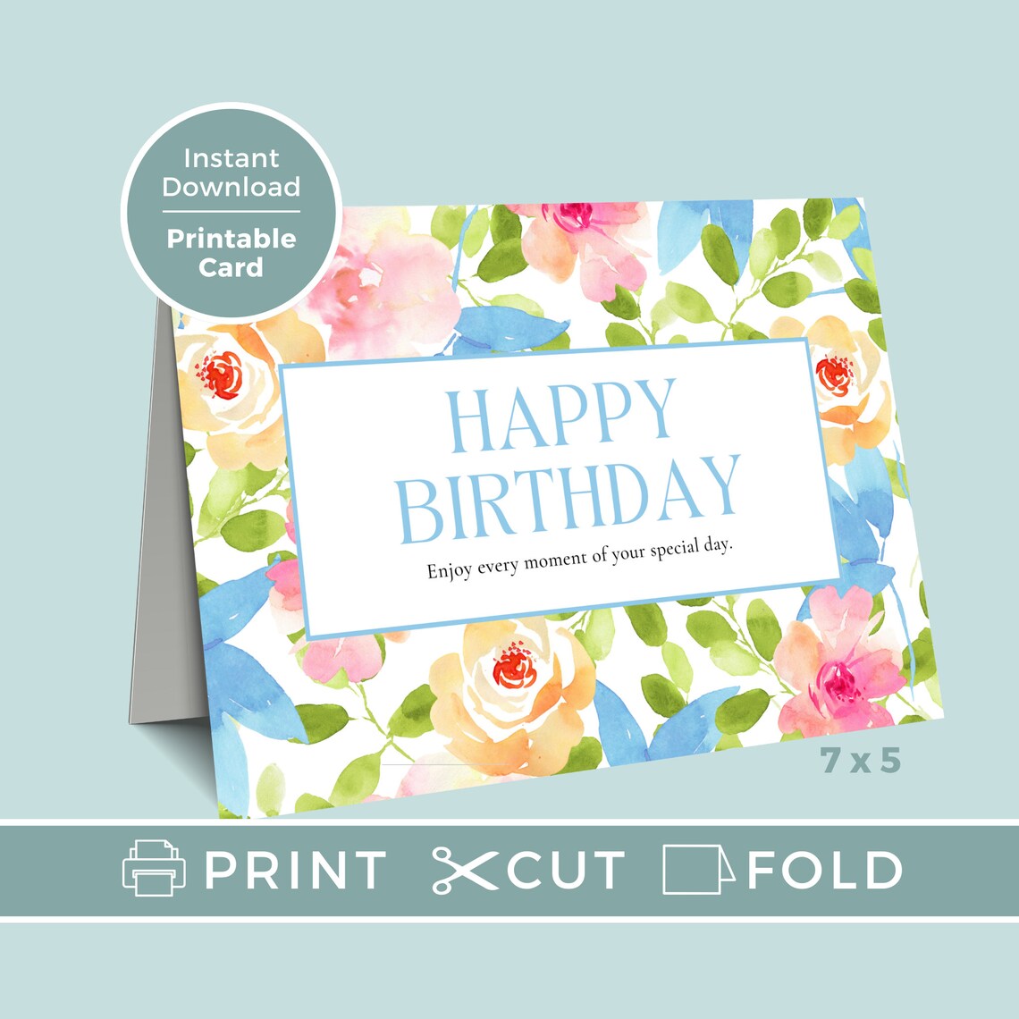 Printable Birthday Card With Flowers, Floral Birthday Card, Printable ...