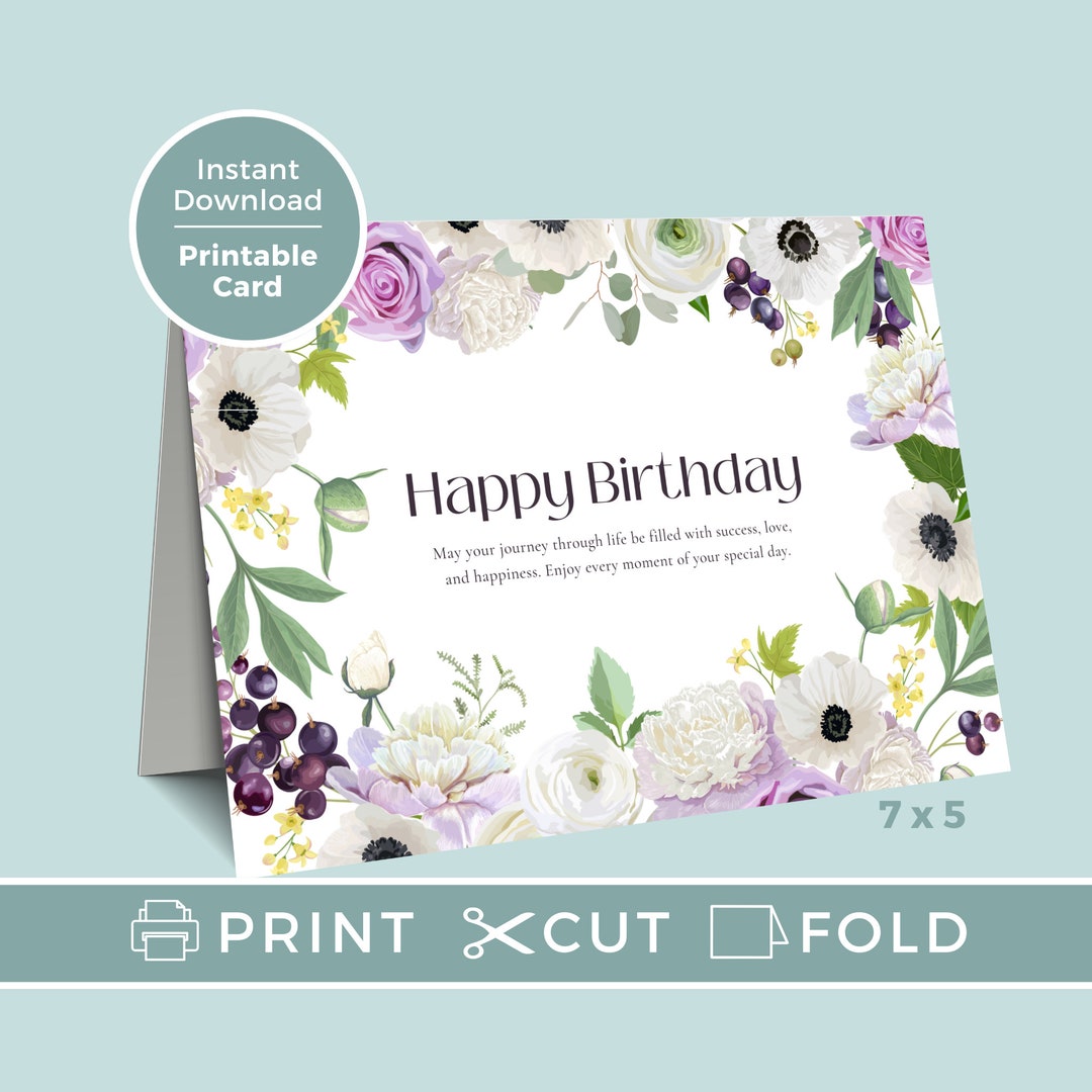 Printable Birthday Card With Flowers, Floral Birthday Card, Printable ...