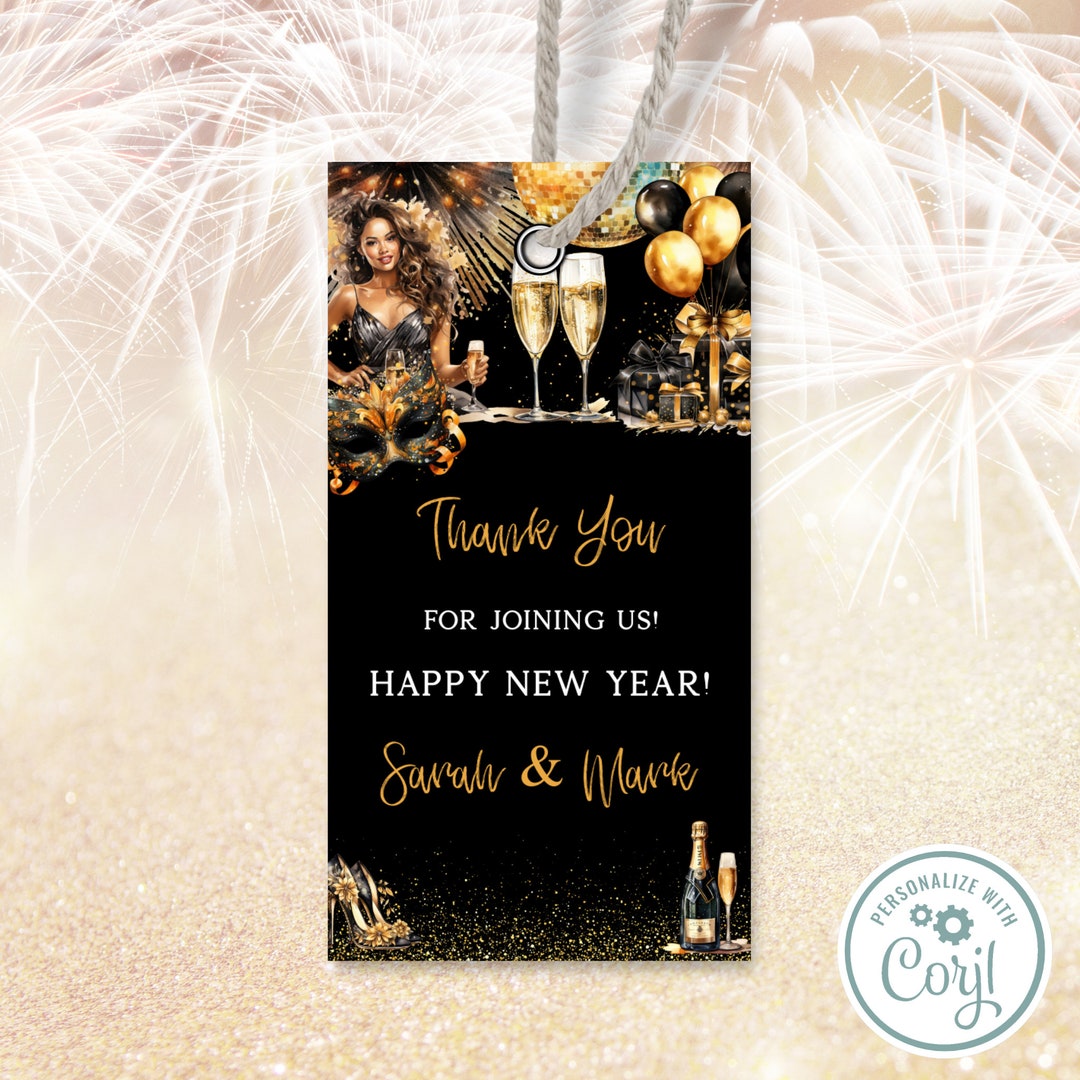 Editable New Year Eve Thank You Tag, Gold and Black Party Thank You Tag ...