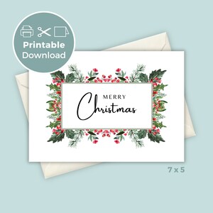Afdrukbare vrolijke kerstkaart met feestelijke bloemenrand - vakantiegroet, DIY kerstkaart pdf, kerstkaarten thuis afdrukken