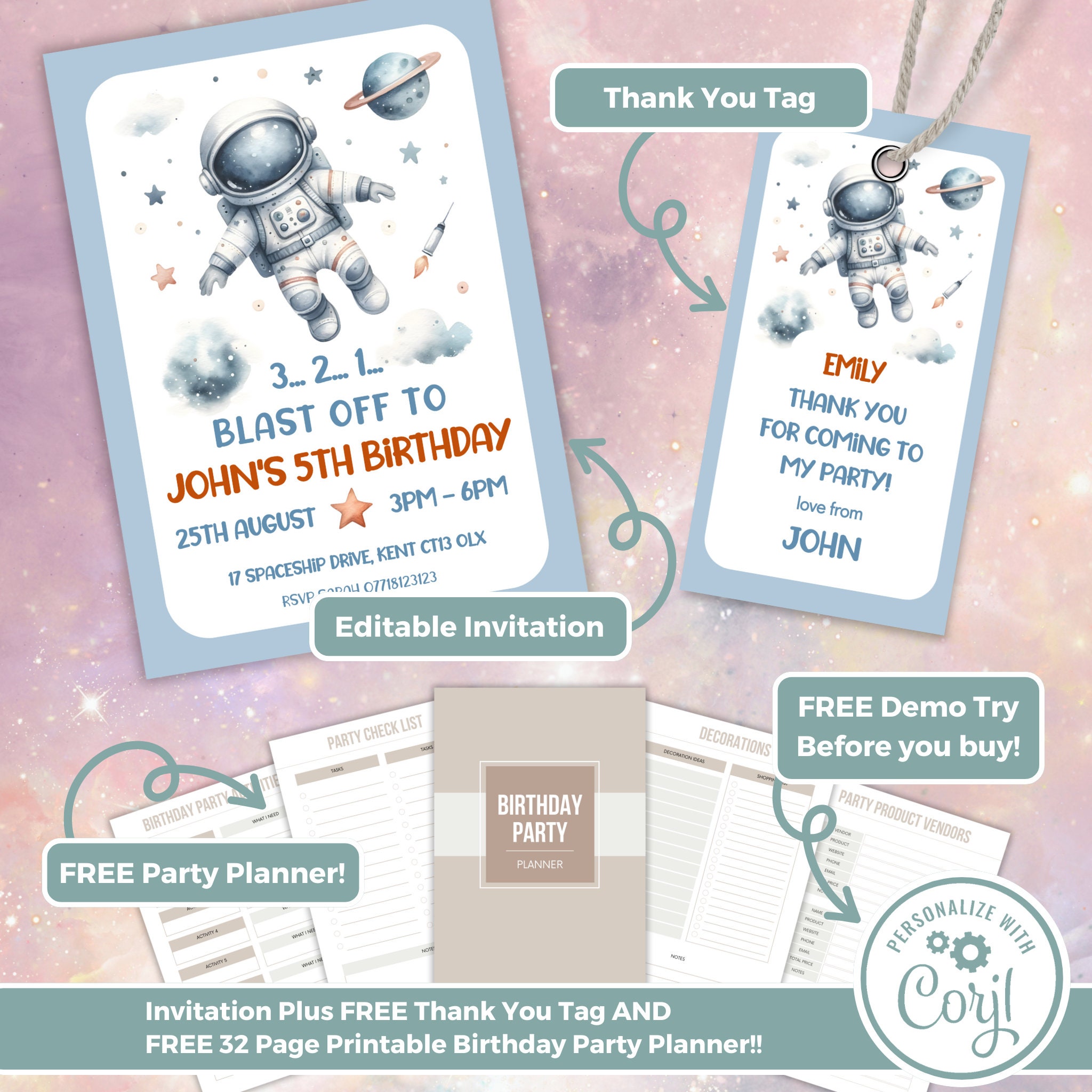 Editable Boys Spaceman Birthday Invitation With Free Thank You Tag ...