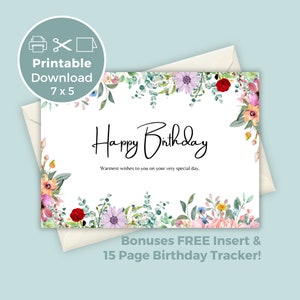 Cartão de aniversário para impressão com flores, cartão de aniversário floral, cartão de felicitações para impressão, impressão em casa BC0029