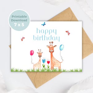 Cartão de aniversário para impressão Girafa, Cartão de aniversário de animal, Cartão de felicitações para crianças para impressão, Imprima em casa BC0004