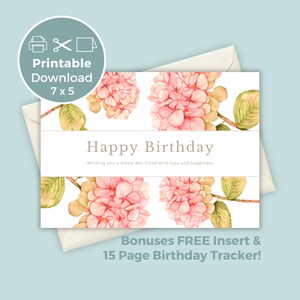 Cartão de aniversário para impressão Flores cor de rosa Download instantâneo, impressão de cartão de felicitações em casa BC0039