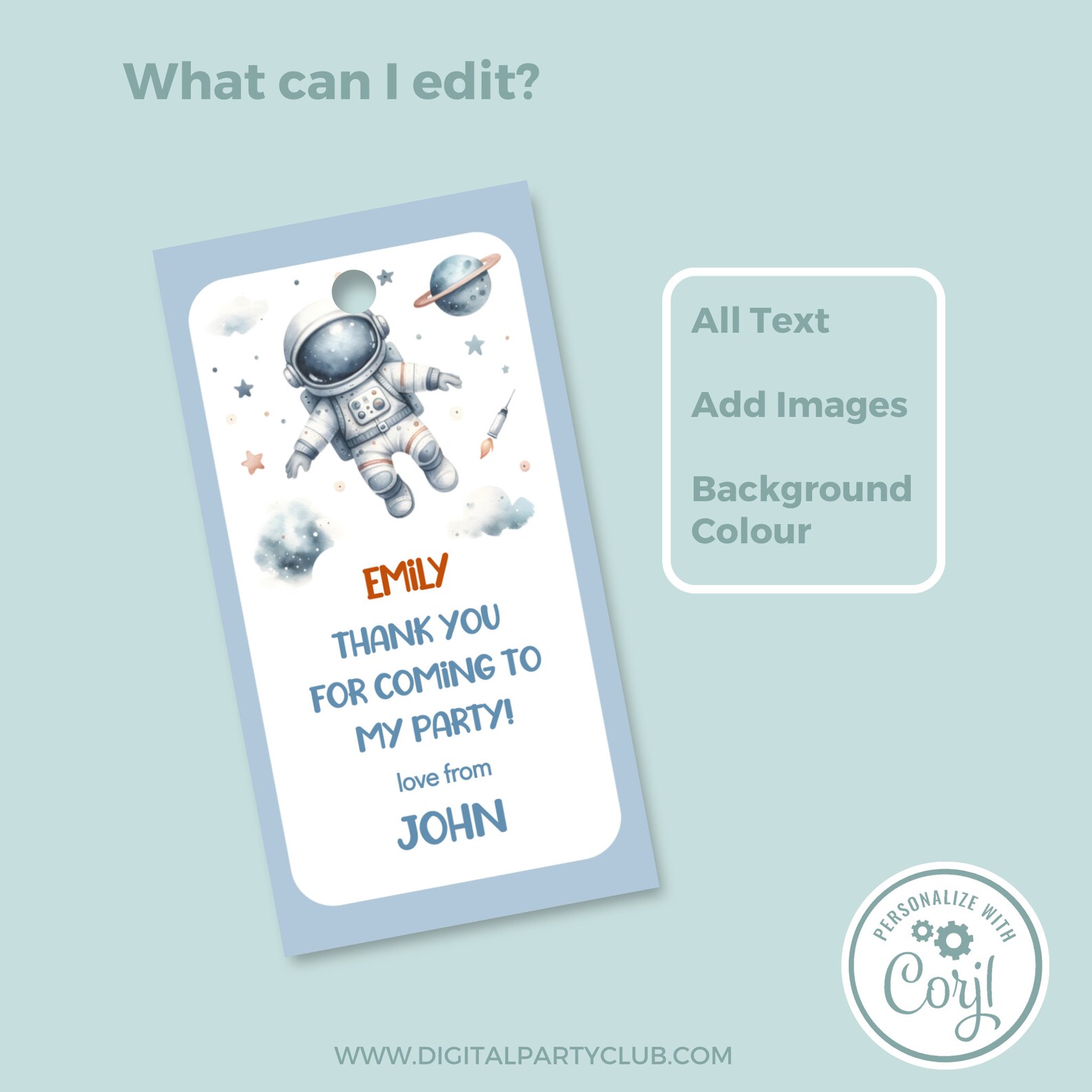 Editable Spaceman Thank You Tag, Space Party Favour Tag, Editable Thank ...