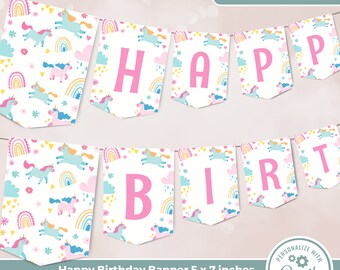 Banner de feliz cumpleaños de unicornio, decoraciones de fiesta de banner editables, banner de cumpleaños de unicornio mágico, descarga instantánea IN0009