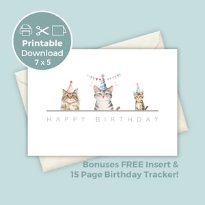 Cartão de aniversário de gato fofo, download digital de cartão de felicitações de gatinho, cartão de aniversário para impressão para amantes de gatos, BC0049