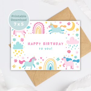 Cartão de aniversário de unicórnio para impressão, cartão de aniversário de festa de unicórnio e pônei para meninas, imprima em casa BC0009