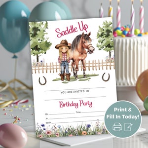 Faire-part d'anniversaire fille à cheval en selle - invitation de fête à remplir cow-girl, modèle vierge - IN0011