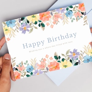 Printable Birthday Card with Flower Border, Floral Birthday Card, Digital Birthday Card, Instant Download